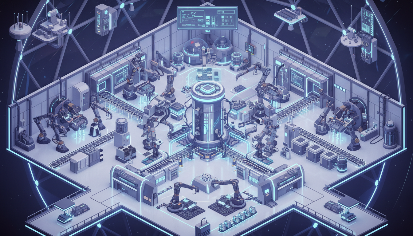 Isometric futuristic space laboratory featuring multiple robotic arms, computer terminals, and a glowing central core.
