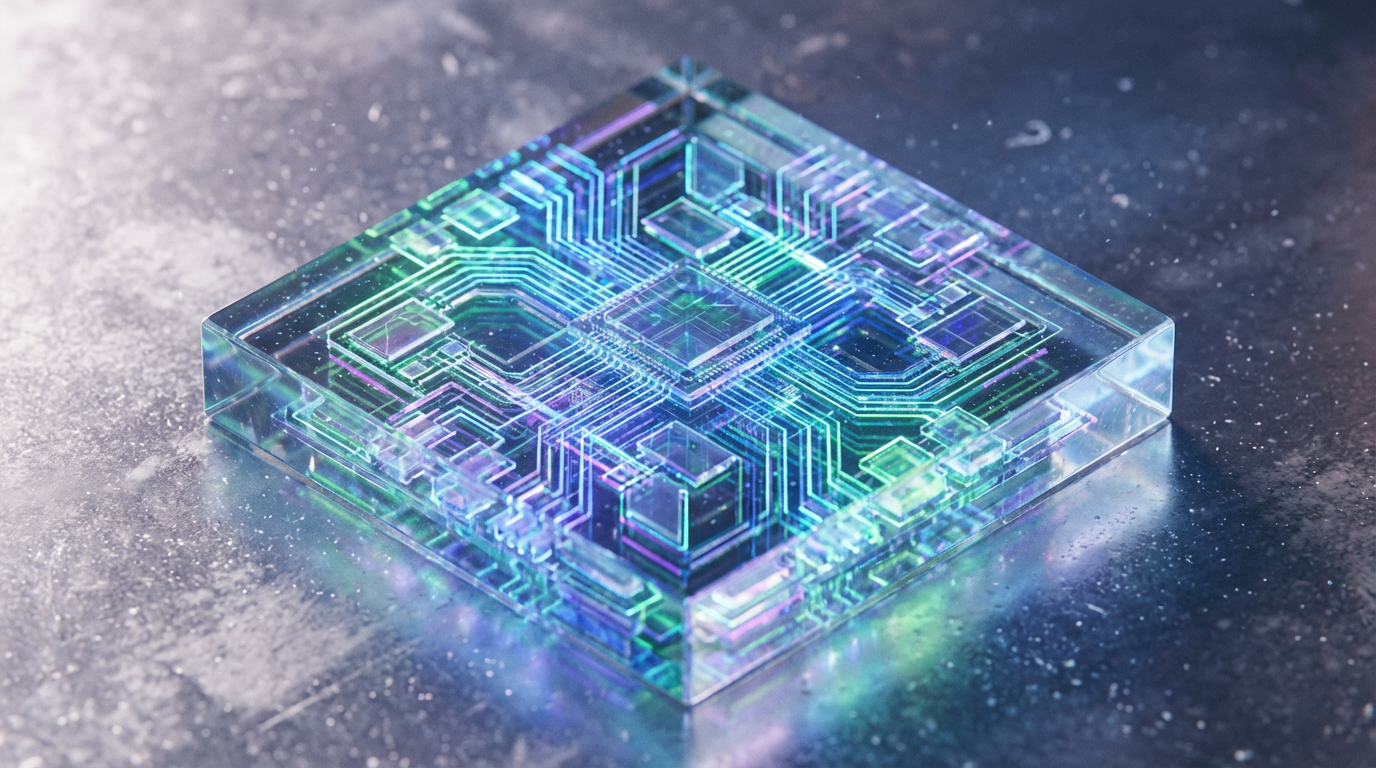 Futuristic translucent computer processor with glowing neon circuits on a dark textured surface.