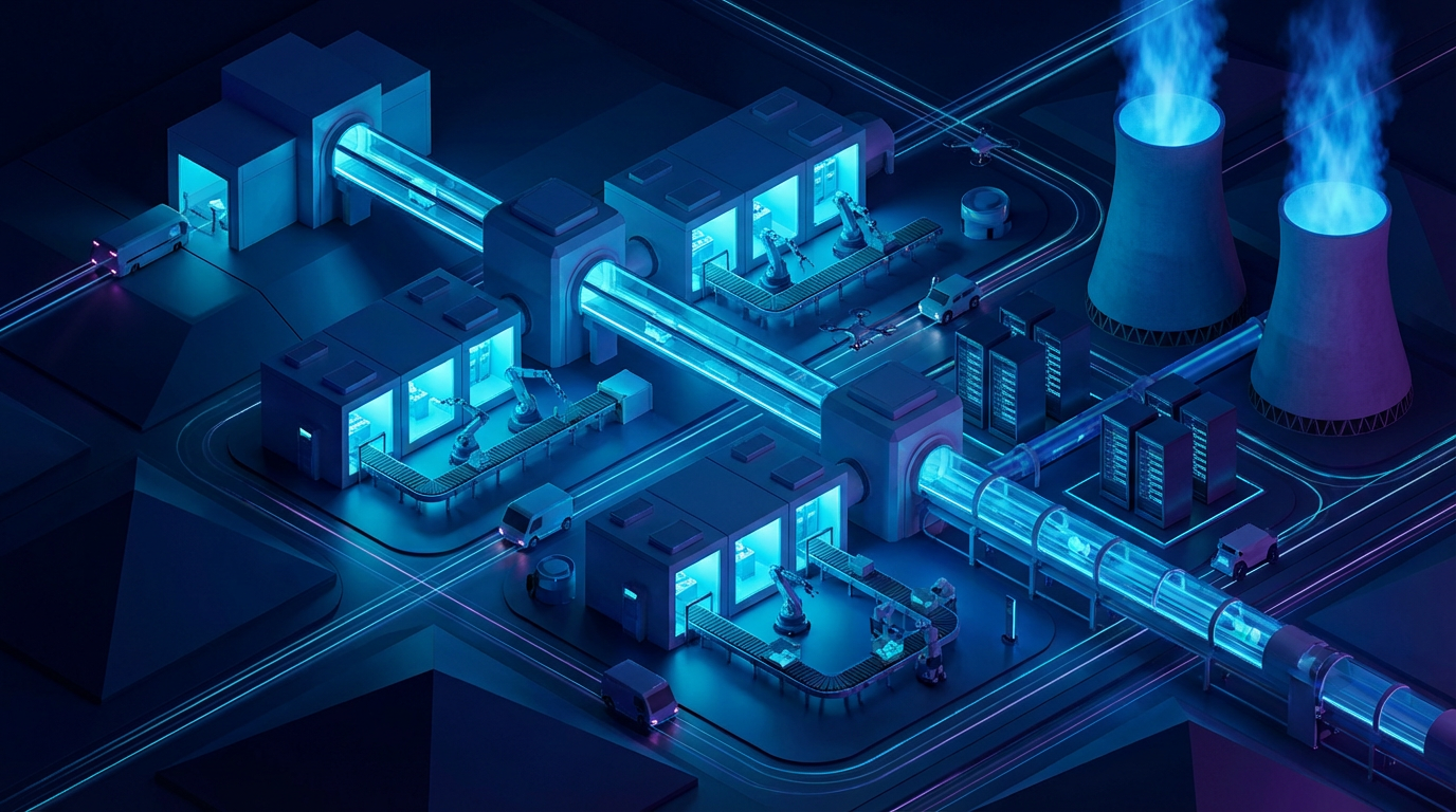 Isometric 3D illustration of a futuristic automated factory with glowing blue tubes and robotic arms.