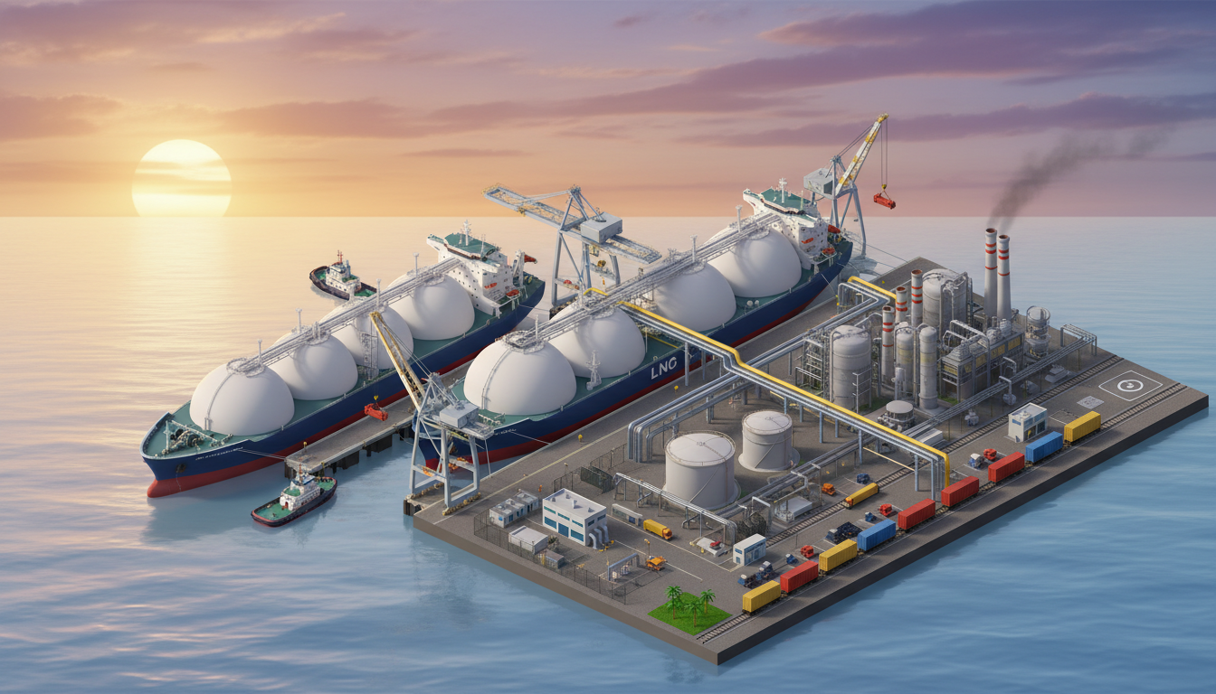 Isometric illustration of an offshore LNG terminal with two tanker ships docked at sunset.