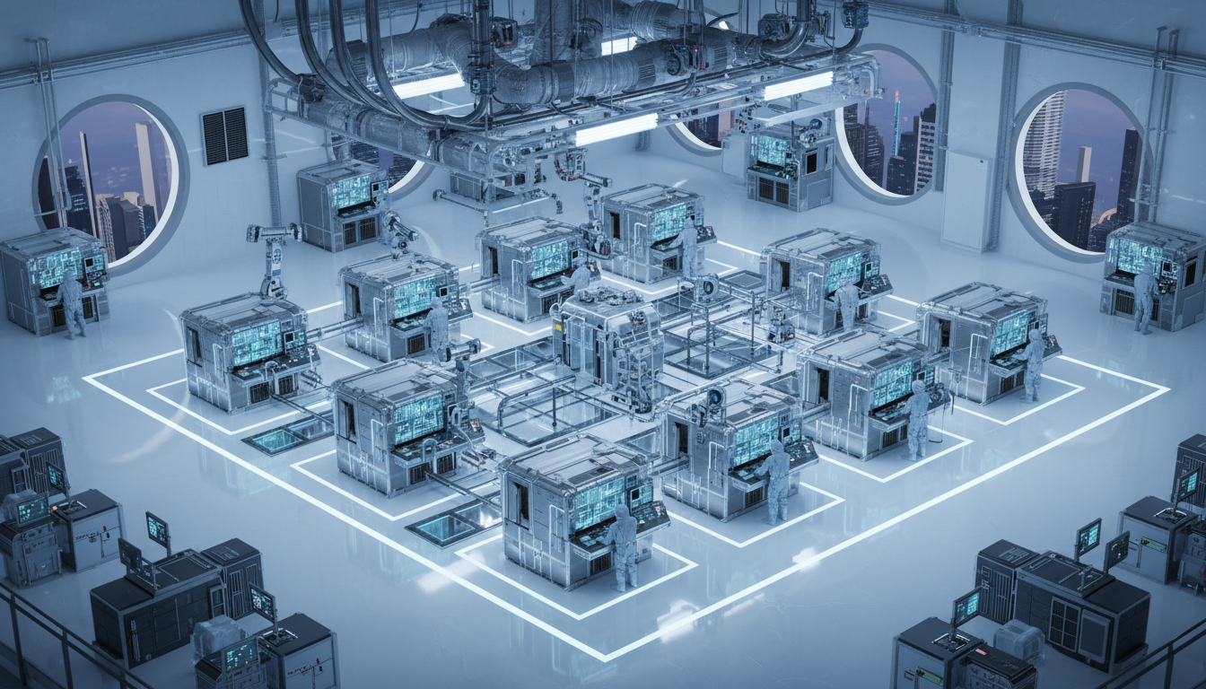 Automated factory floor with multiple machines operated by people using digital control panels