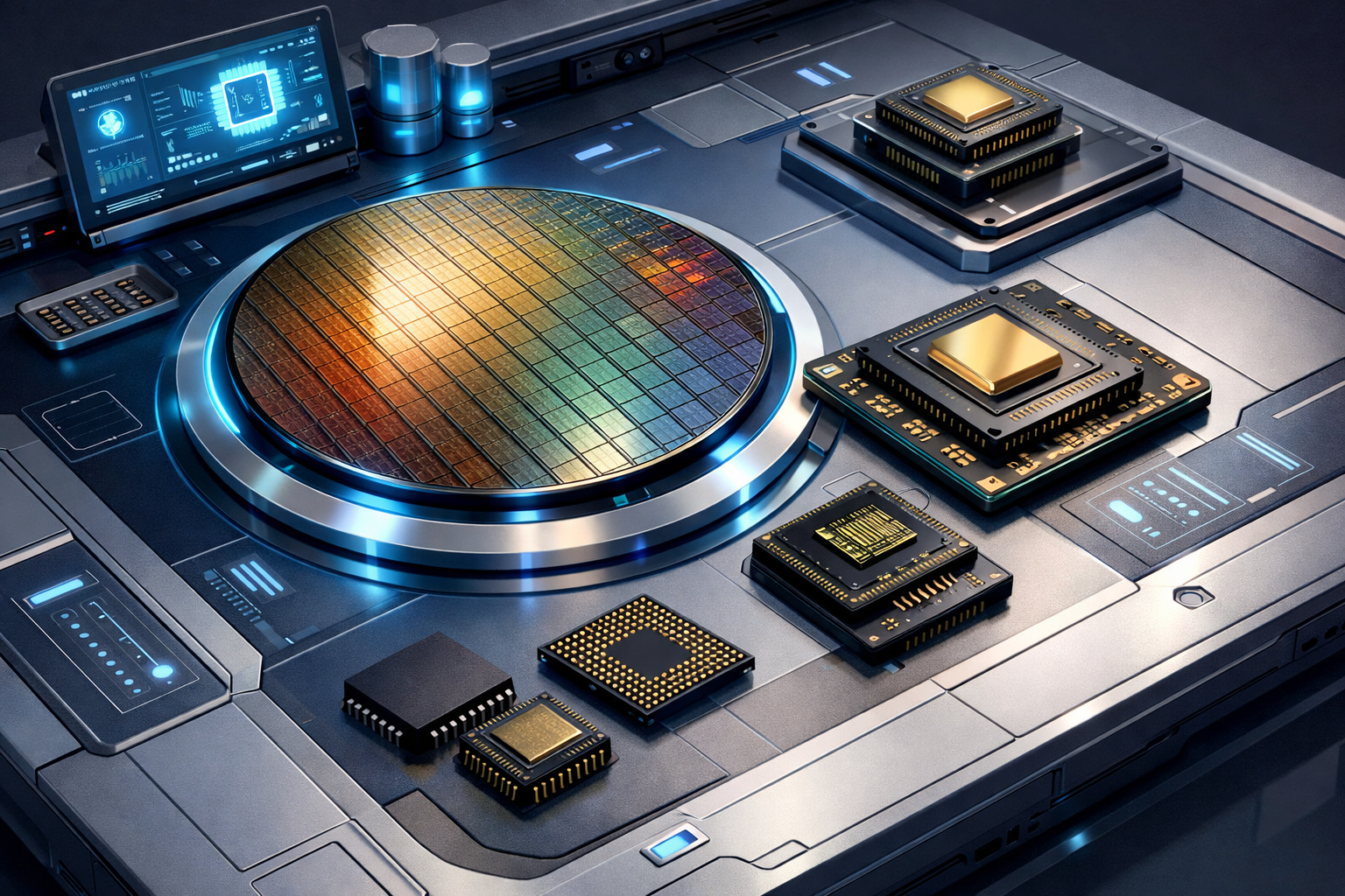 Semiconductor wafer and multiple microchips arranged on a metallic surface with digital control panels.