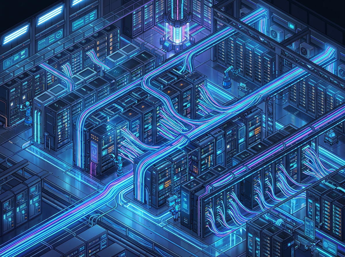 Server room with neon blue and purple data cables connecting racks