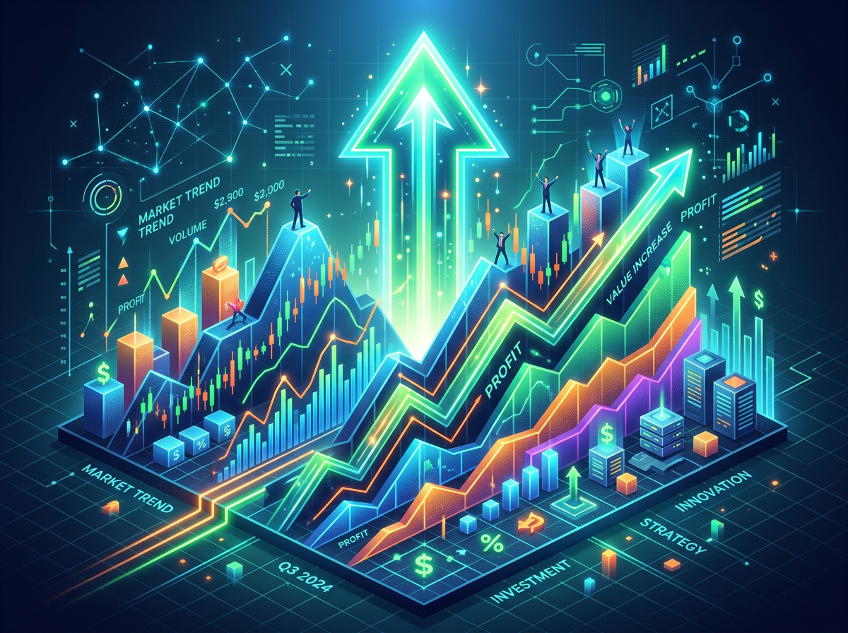 3D digital graph with increasing market trends, profits, investment, and strategy indicators