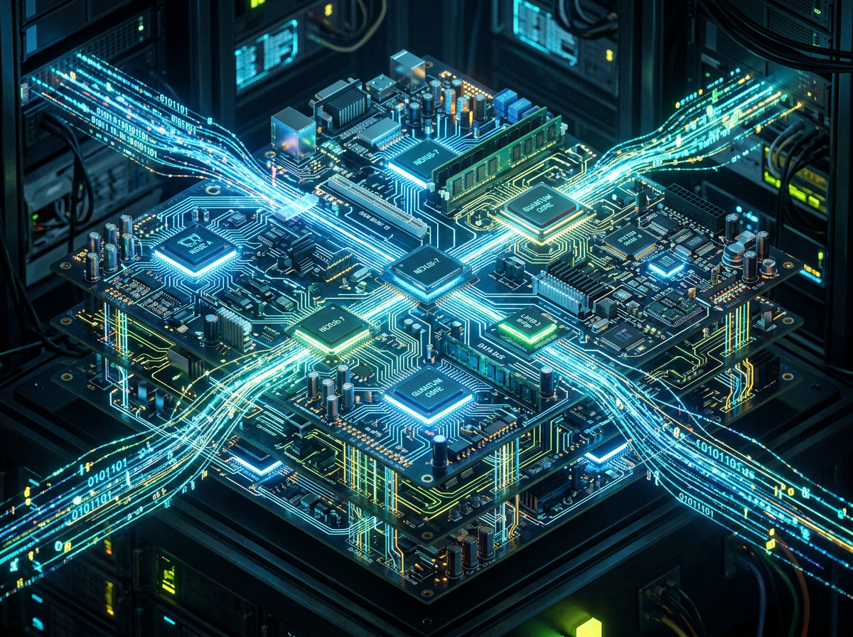 Quantum computing circuit board with data streams represented by glowing lines
