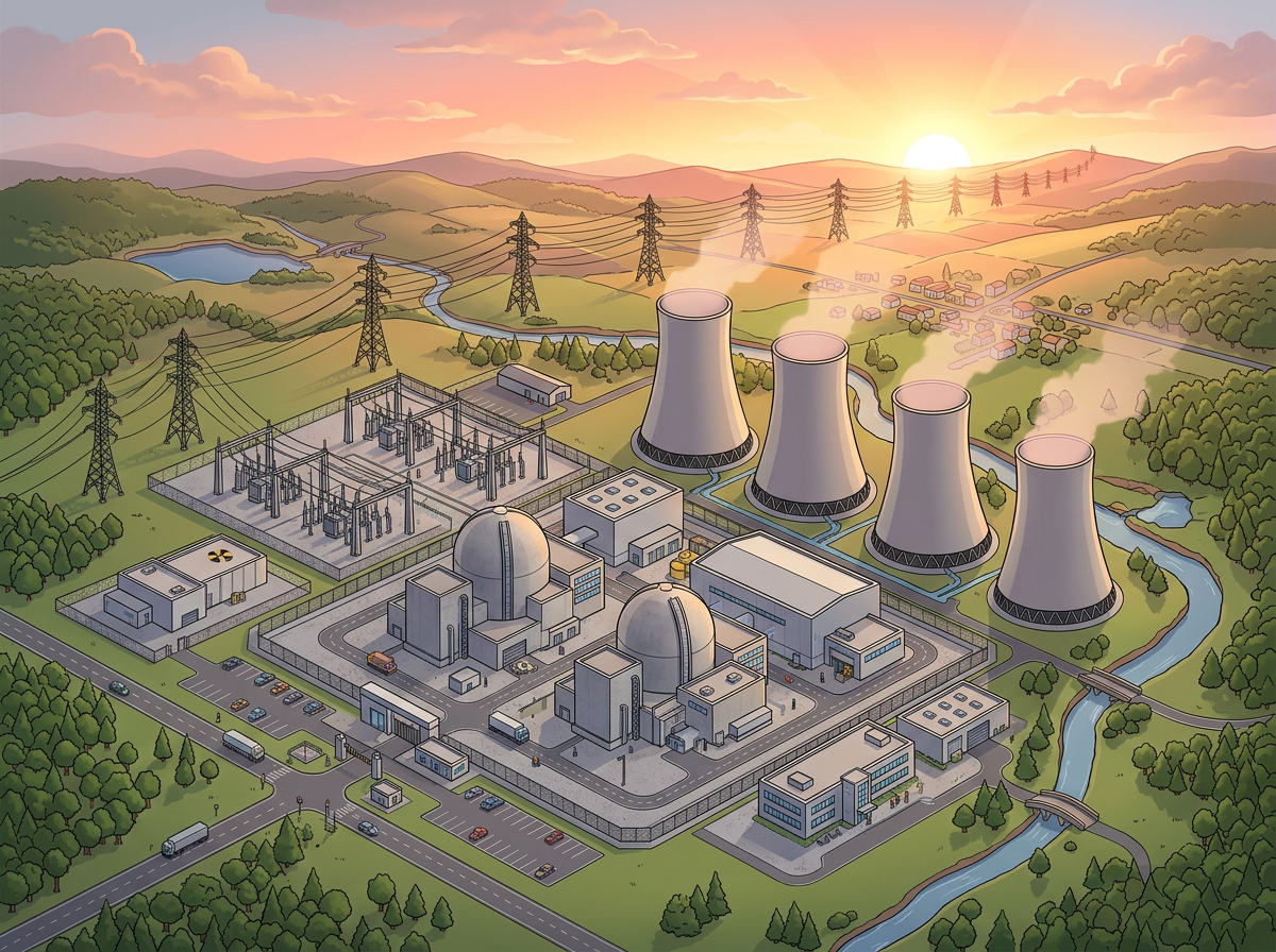 Nuclear power plant with four cooling towers emitting steam, two reactor domes, power grid substation, and transmission lines in a rural landscape at sunset.