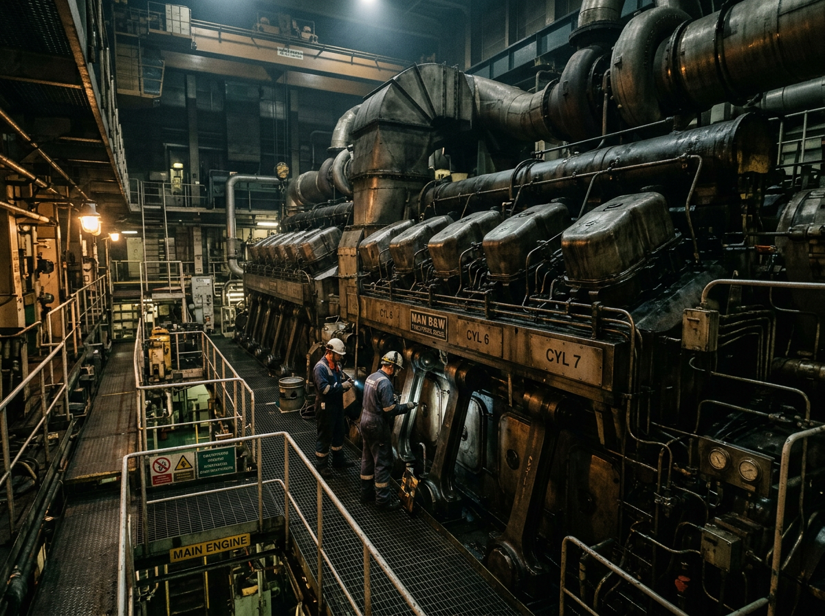Two technicians working on a large industrial engine labeled MAN B&W in a factory