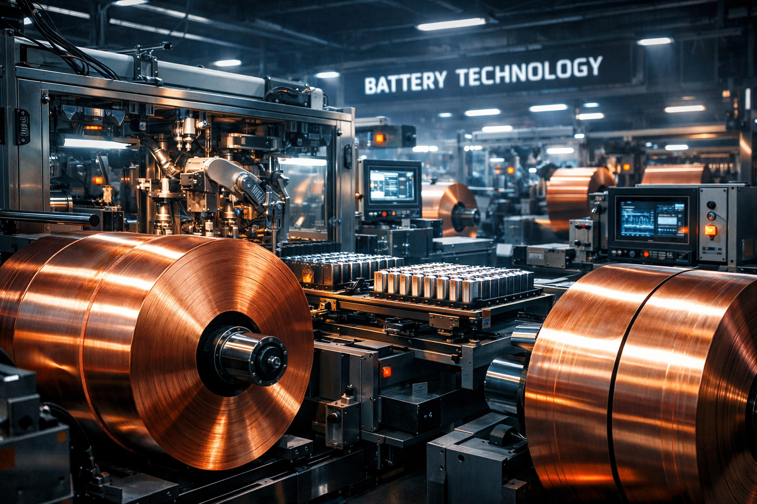 Automated machines assembling lithium battery cells with copper rolls in factory