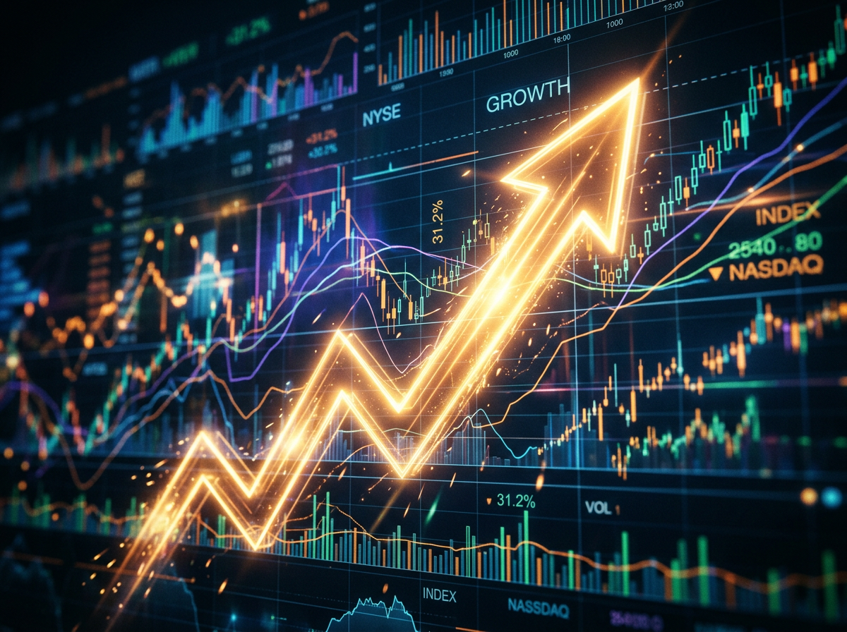 Financial chart with bright glowing arrow indicating upward stock market growth
