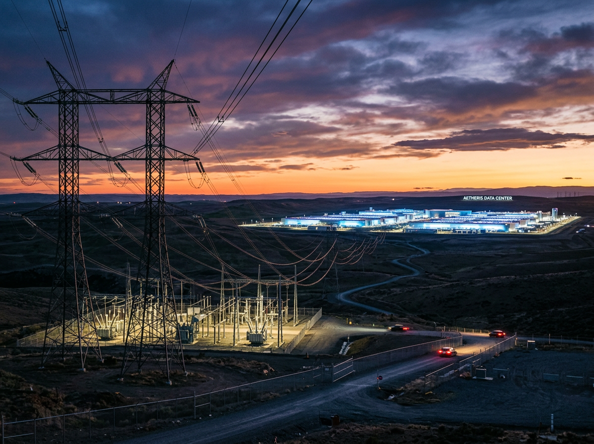 Aetheris Data Center lit up at dusk with power lines and electrical substation in foreground