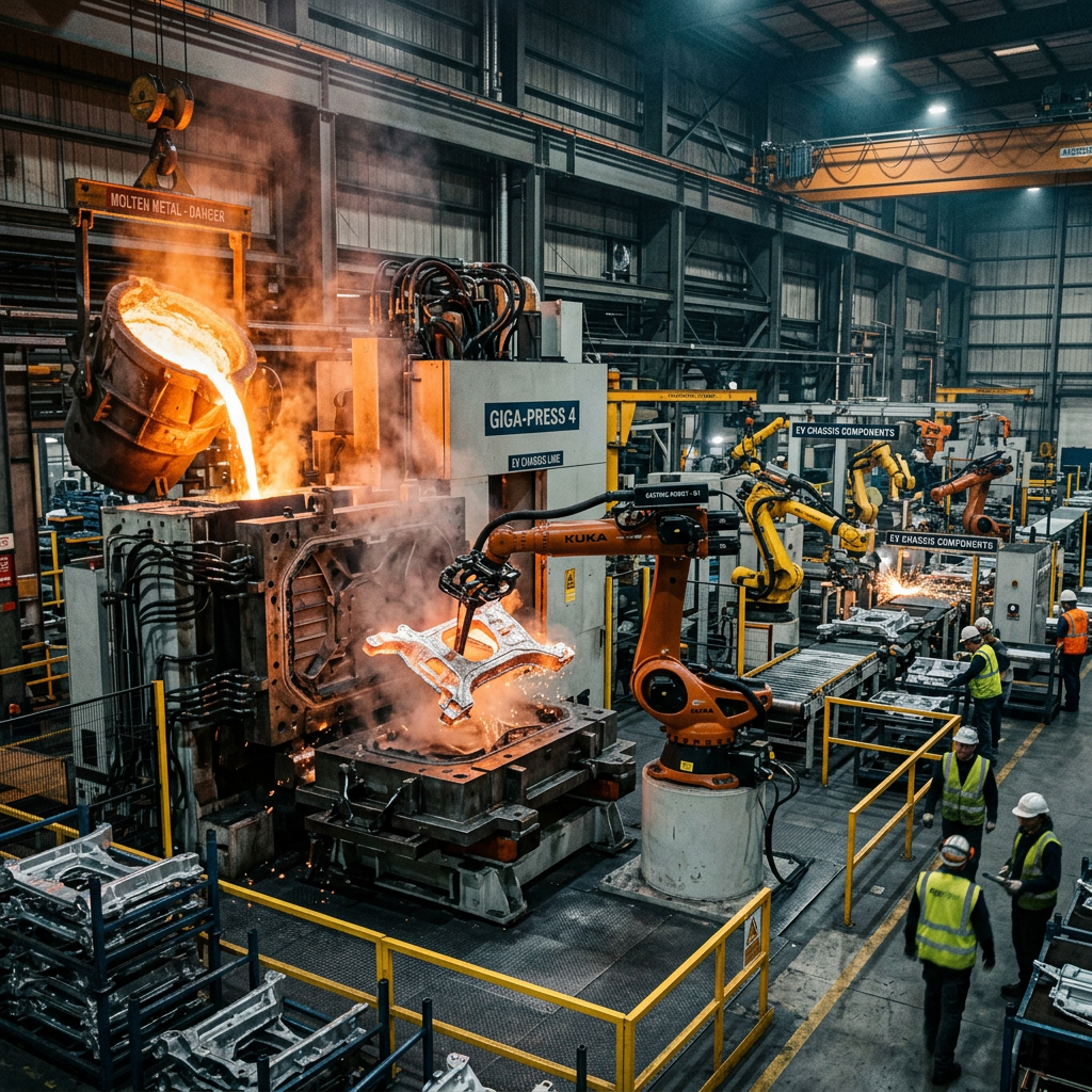 Robotic arms handling molten metal pouring and metal casting in factory