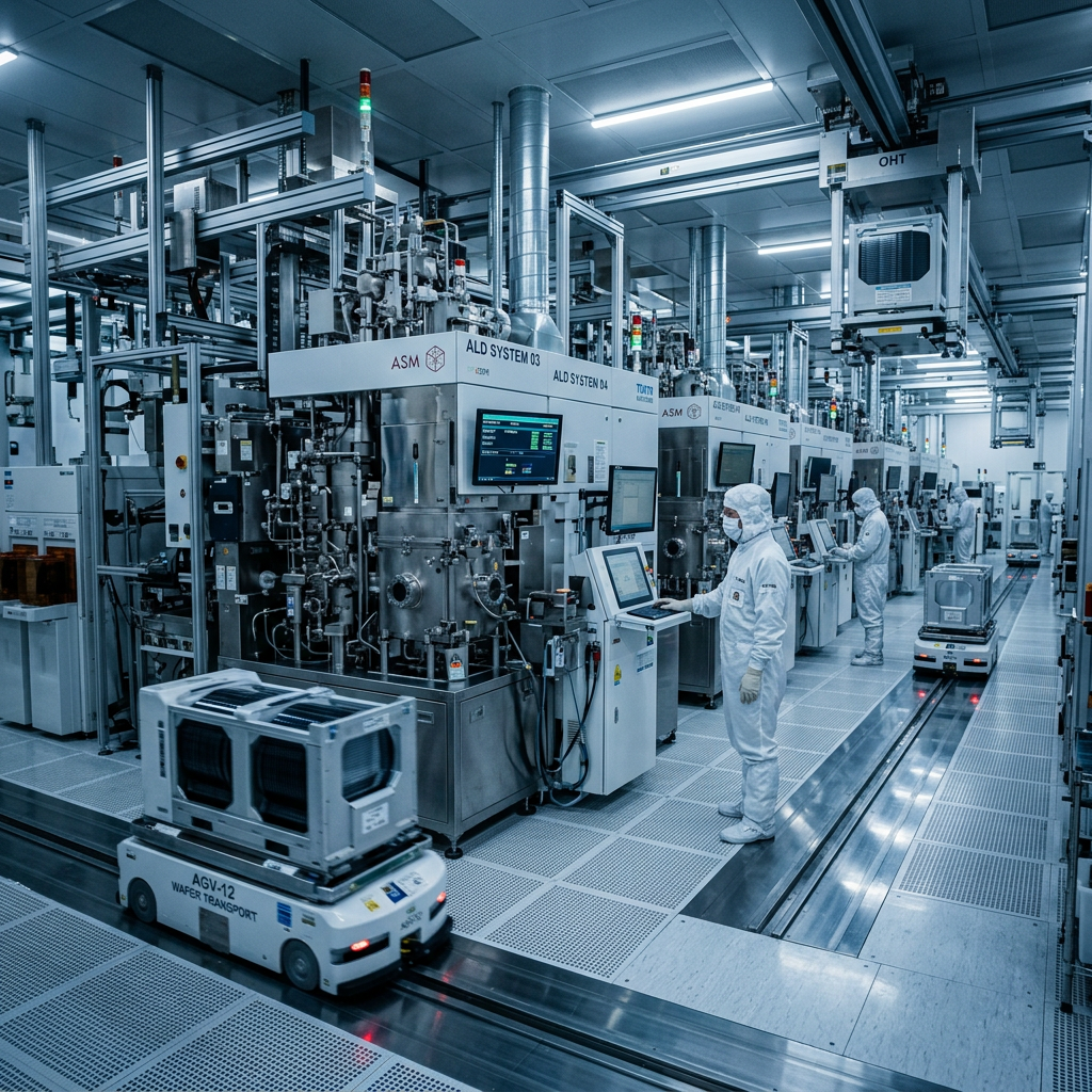 Technicians in cleanroom suits working at ALD systems with automated wafer transport robots