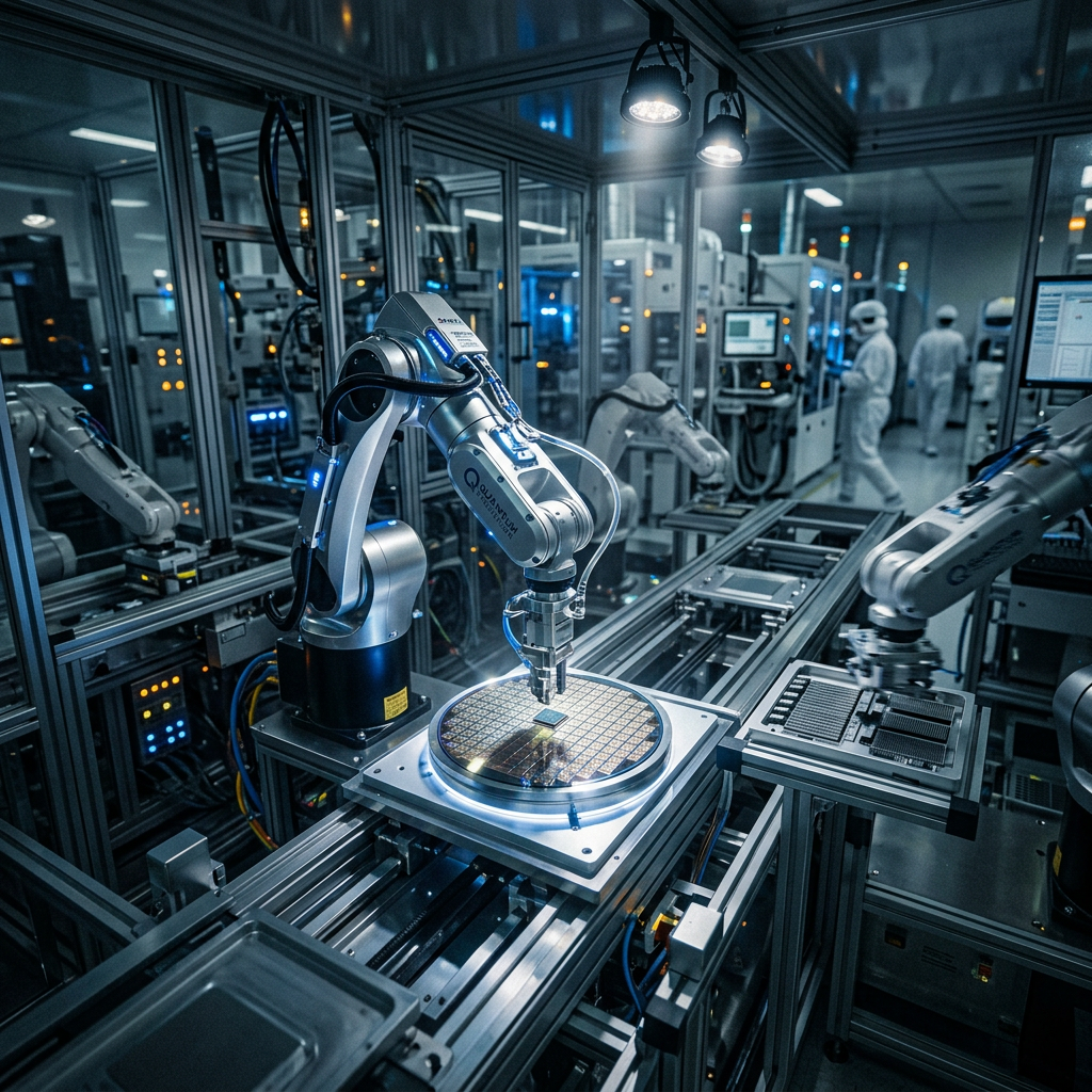 Robotic arms manipulating semiconductor wafers on a manufacturing line in a cleanroom