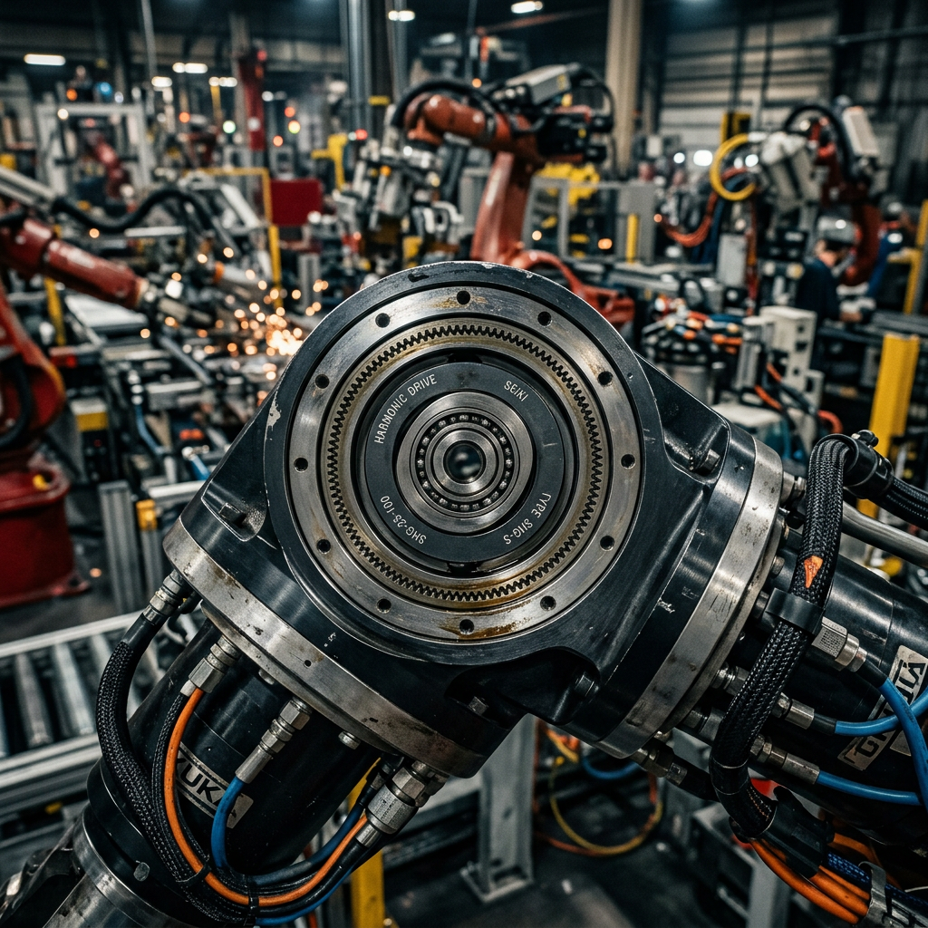 Harmonic drive component of a robotic arm with cables in an industrial setting