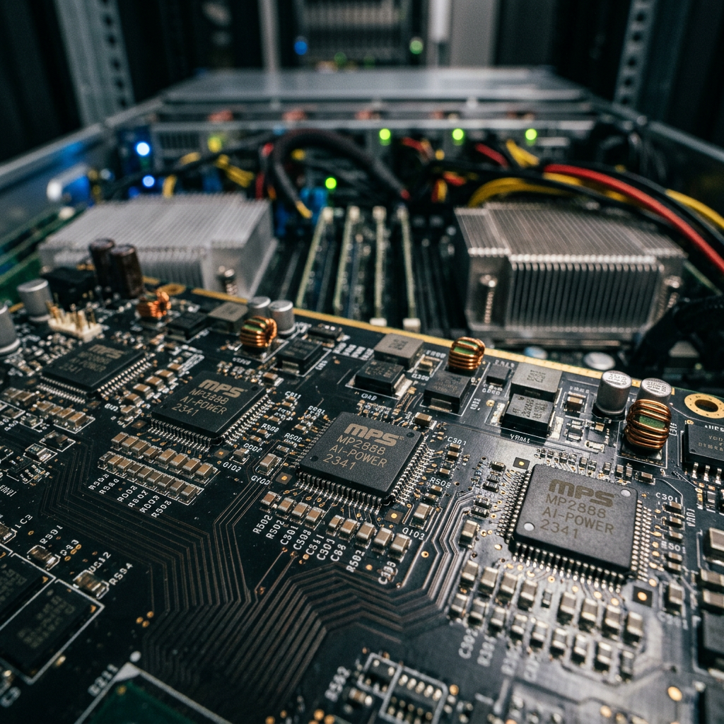 Close-up of a computer circuit board with chips, resistors, and wiring inside a server