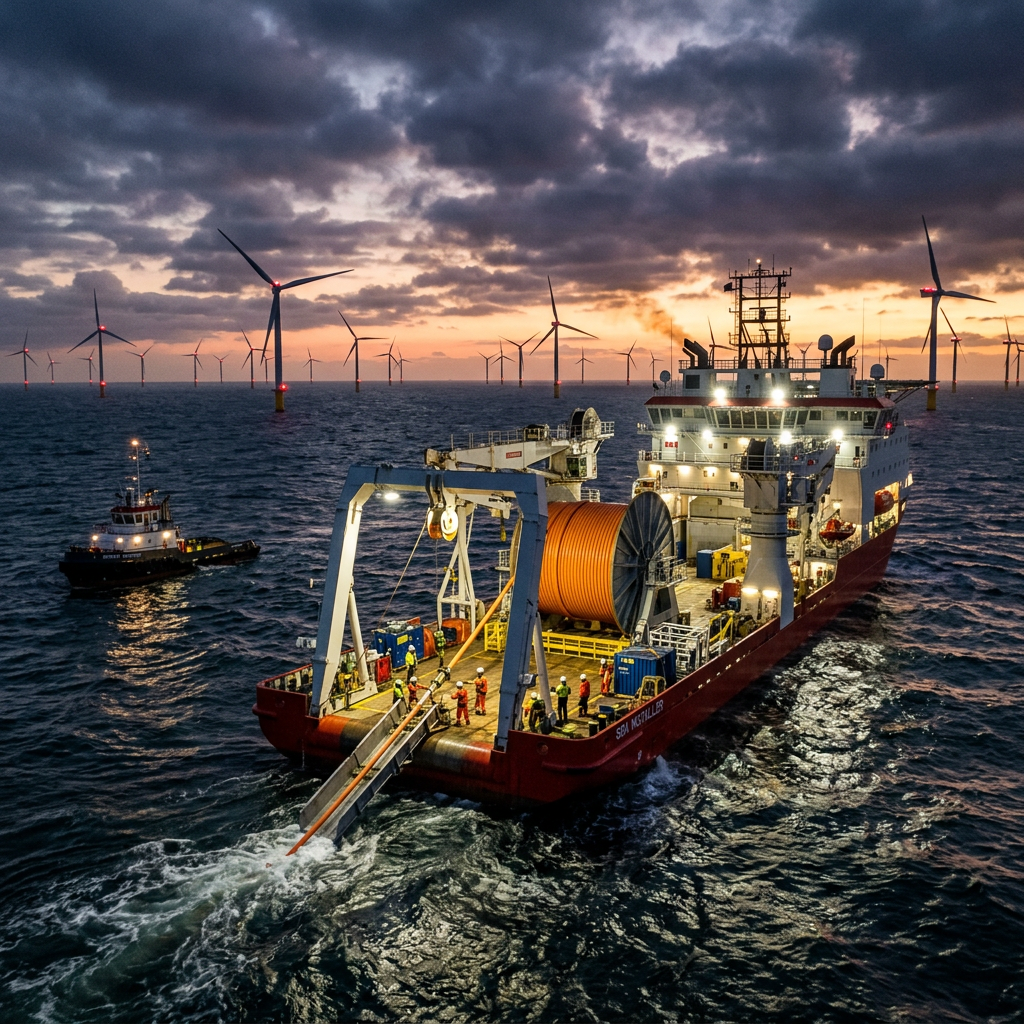Vessel laying underwater cables near offshore wind turbines at sunset