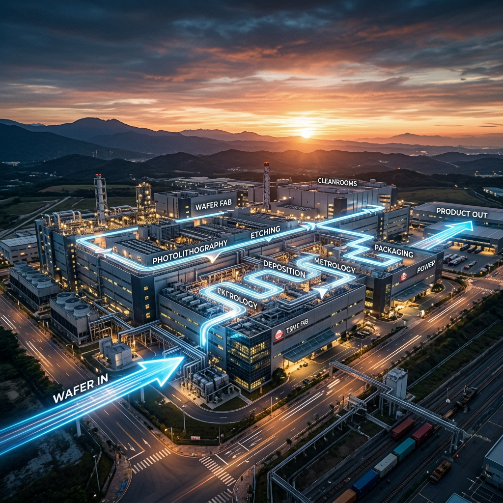 Aerial view of semiconductor fab showing wafer processing steps with illuminated path