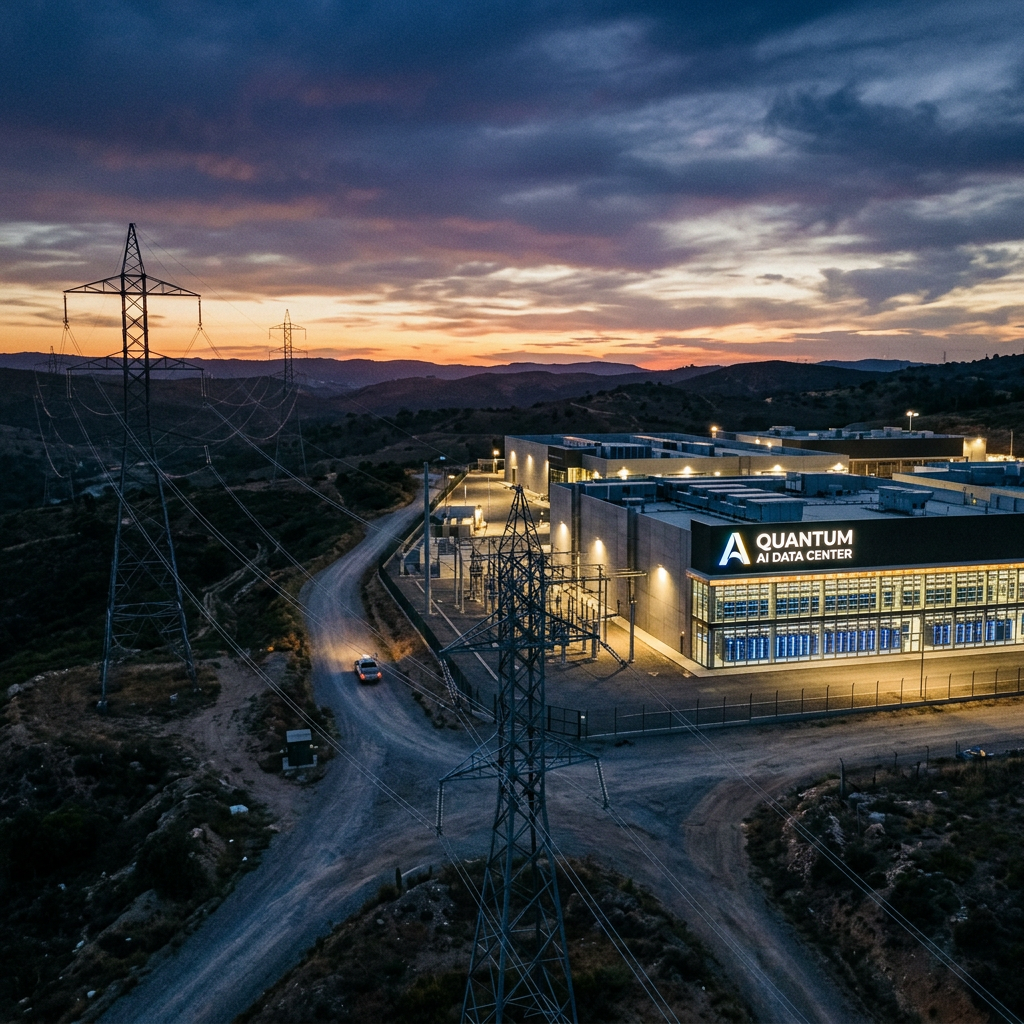 Quantum AI Data Center building lit up at twilight with power lines nearby