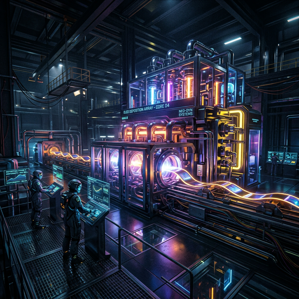 High-tech OLED deposition array with operators using digital control panels