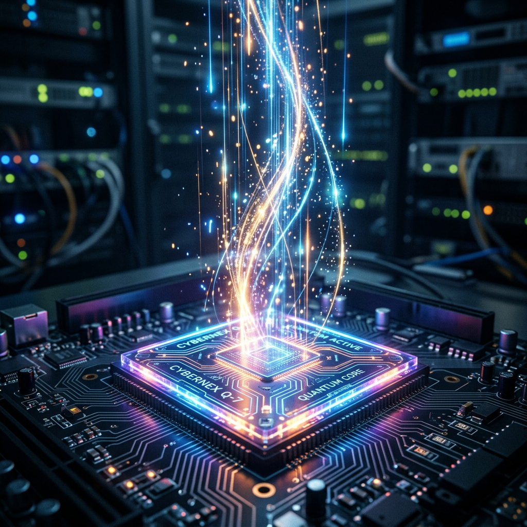 Quantum processor chip on circuit board with glowing light streams