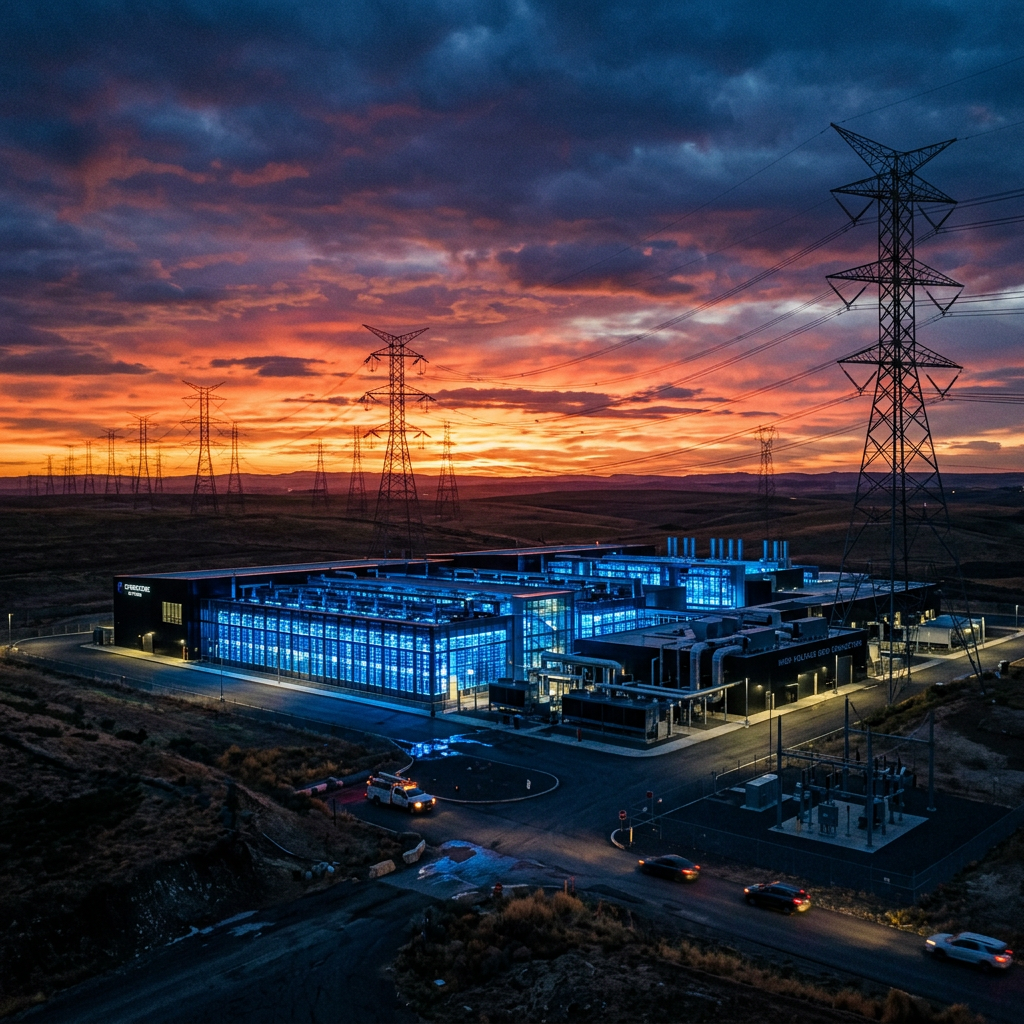 Illuminated data center building with power lines during colorful sunset