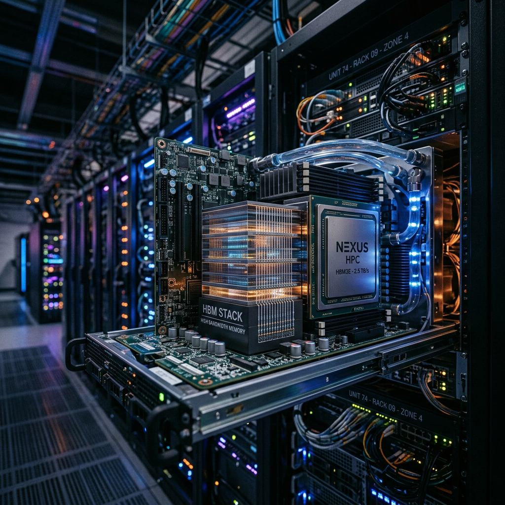 High-performance computing server component featuring Nexus HPC chip with HBM stack and liquid cooling