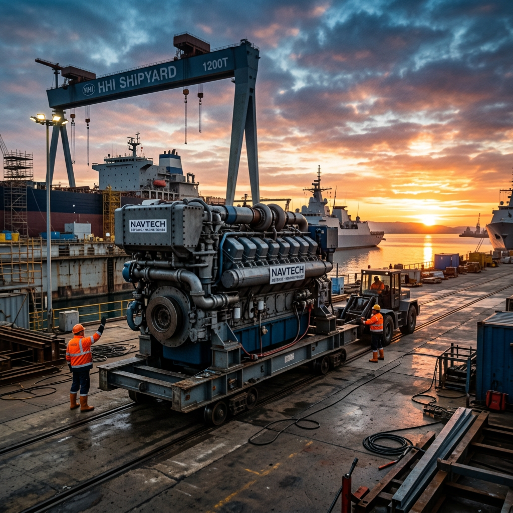 Large industrial Navtech engine being transported by workers at a shipyard with ships and sunset in the background