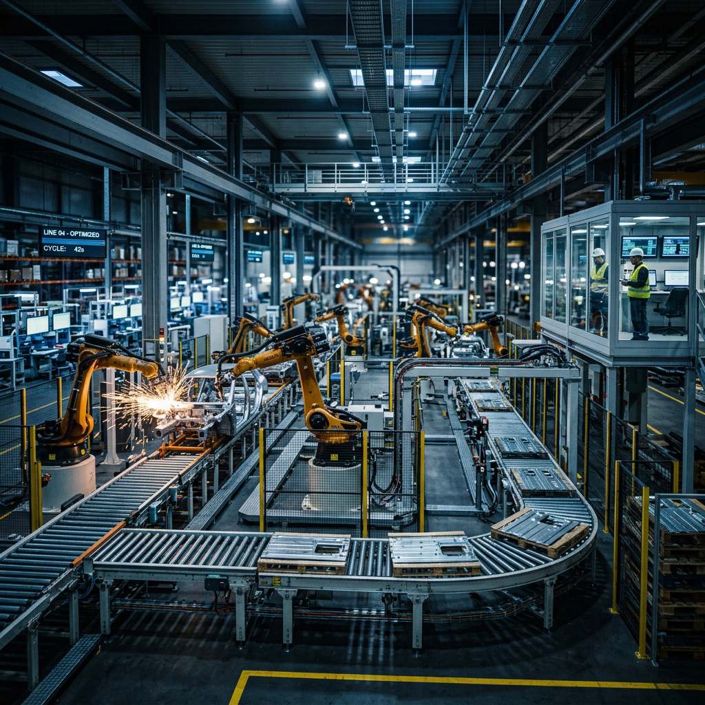 Robotic arms welding metal car frames on an automated assembly line in a factory