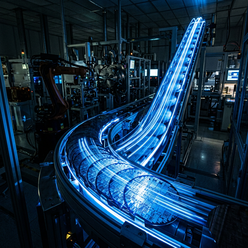 Semiconductor wafers on a glowing blue conveyor belt inside an automated manufacturing facility
