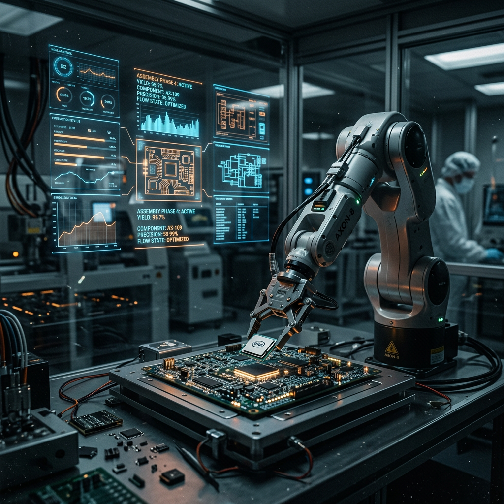 Robotic arm assembling microchip onto circuit board with digital interface