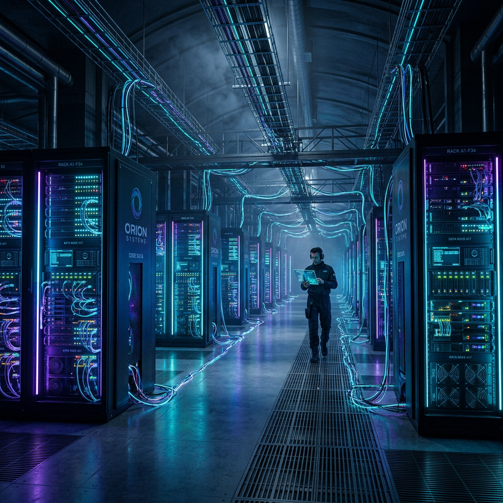Technician checking holographic display amidst glowing server racks in data center