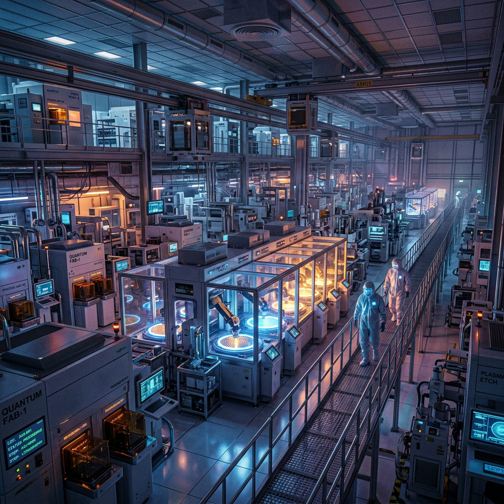 Quantum fabrication lab with advanced machinery and engineers in protective suits