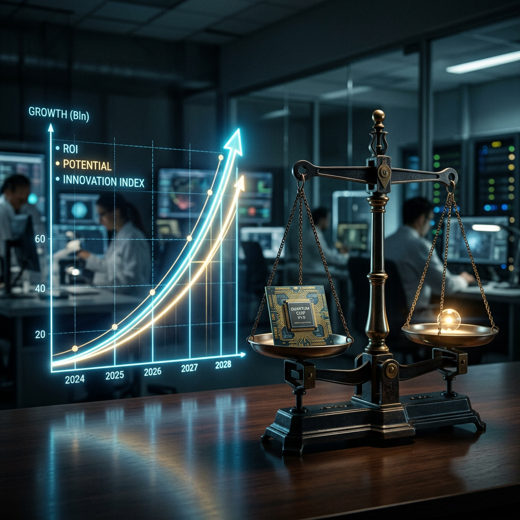 Balance scale with quantum chip and glowing sphere next to growth chart of ROI, potential, and innovation index