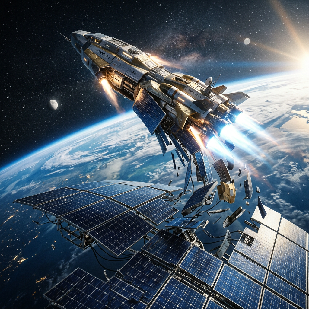 Spaceship launching with thrusters firing amid debris from a broken satellite above Earth