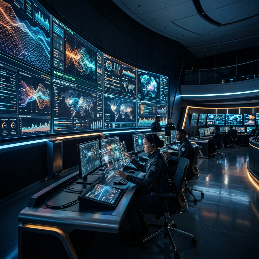 Team of cybersecurity analysts working at computer stations with global network and threat data on multiple screens