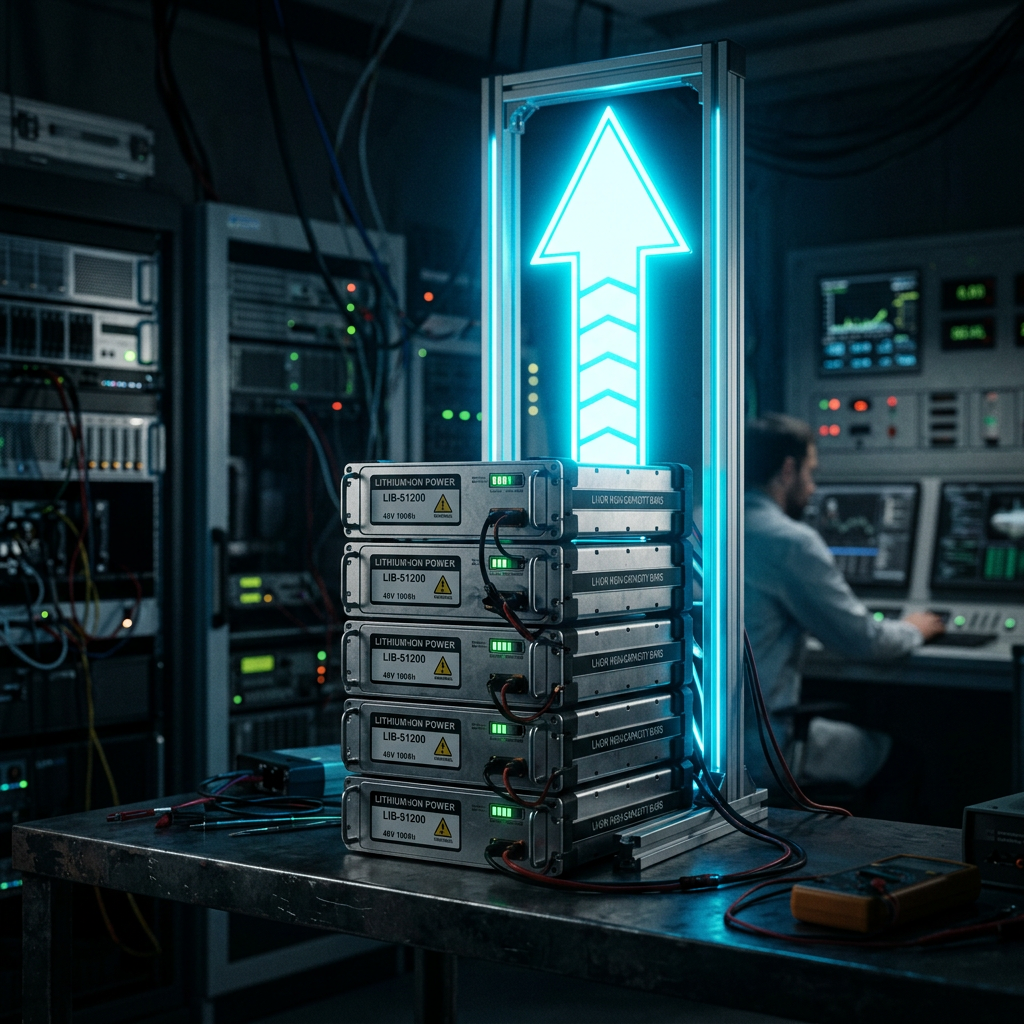 Stack of lithium-ion power modules labeled LIB-51200 with indicator lights and cables in a lab