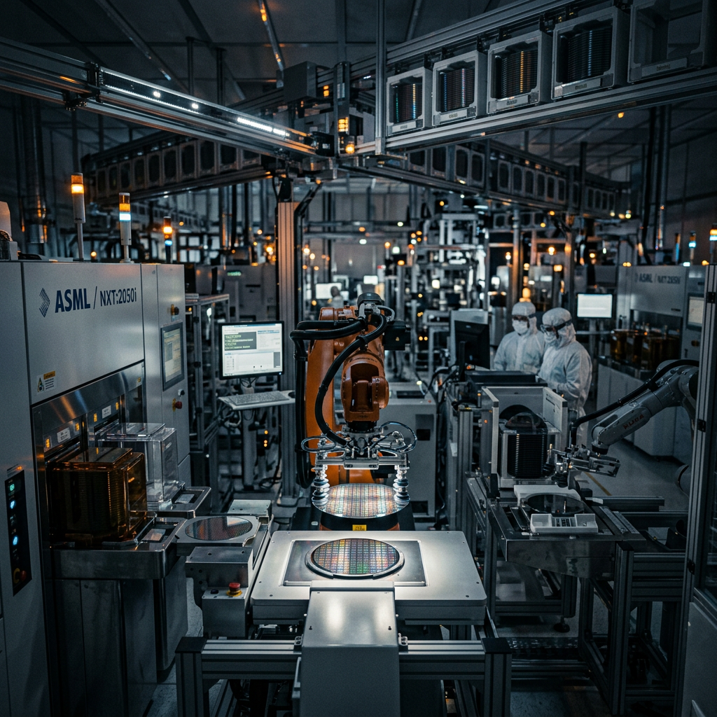 Cleanroom with workers and robotic arms handling semiconductor wafers