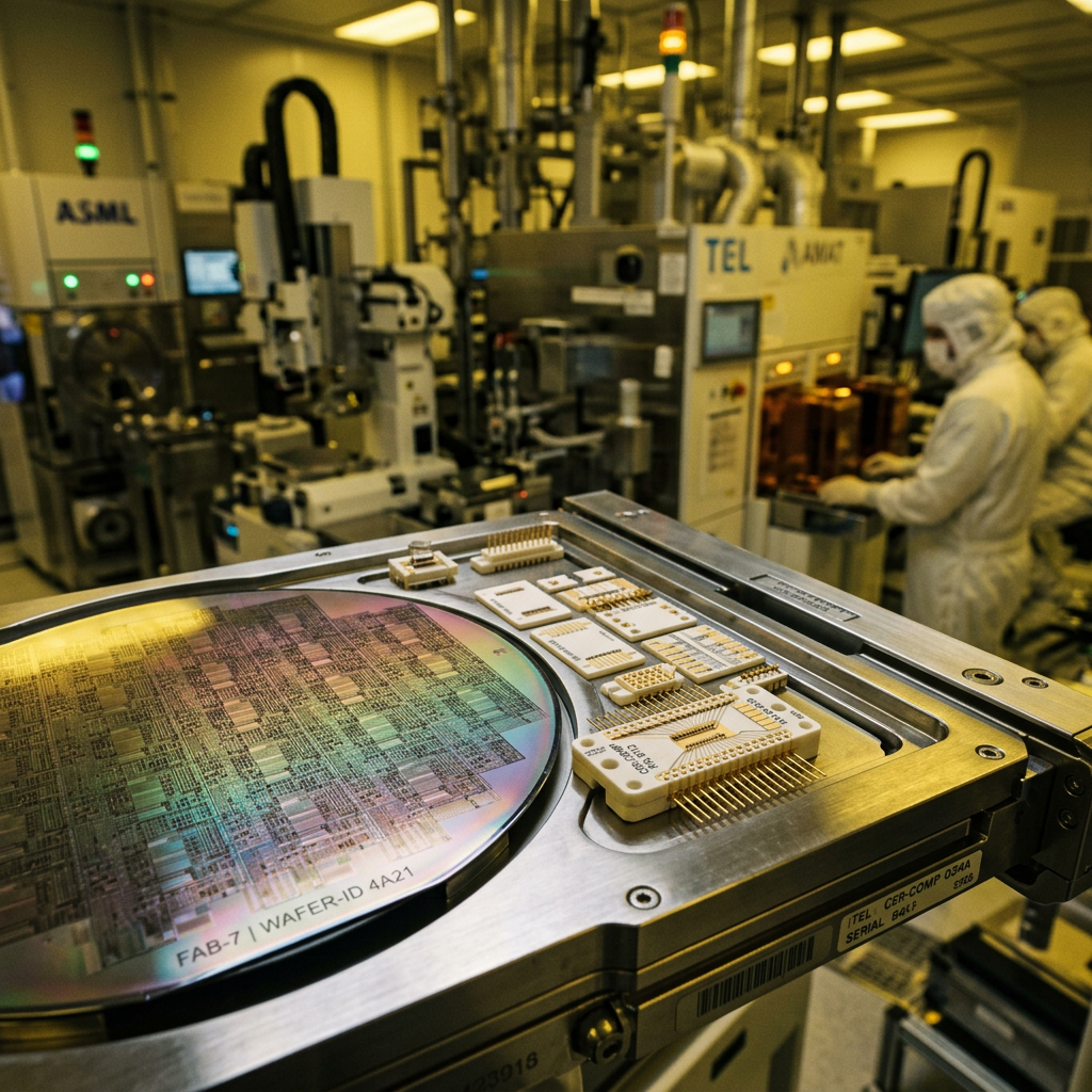Semiconductor wafer on processing equipment with technicians in cleanroom suits