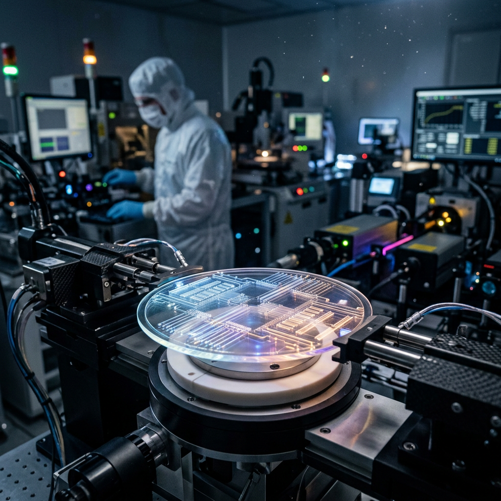 Technician in cleanroom suit testing semiconductor wafer on high-tech equipment