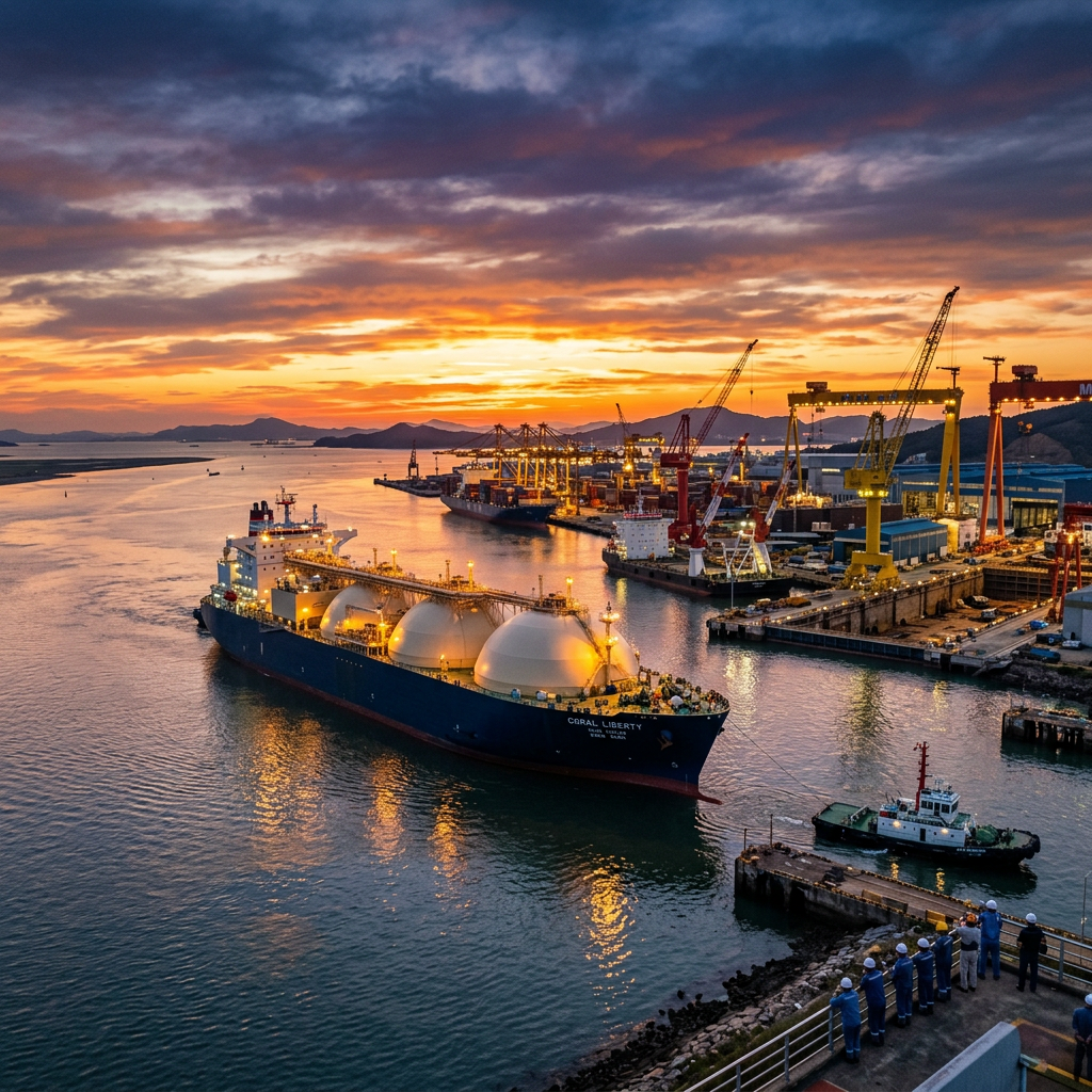 LNG carrier Coral Liberty sailing from a lit shipyard with workers observing at sunset