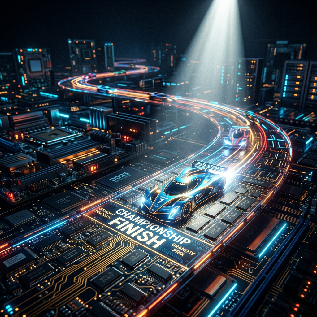 Futuristic racing cars on a glowing circuit board race track reaching the championship finish line