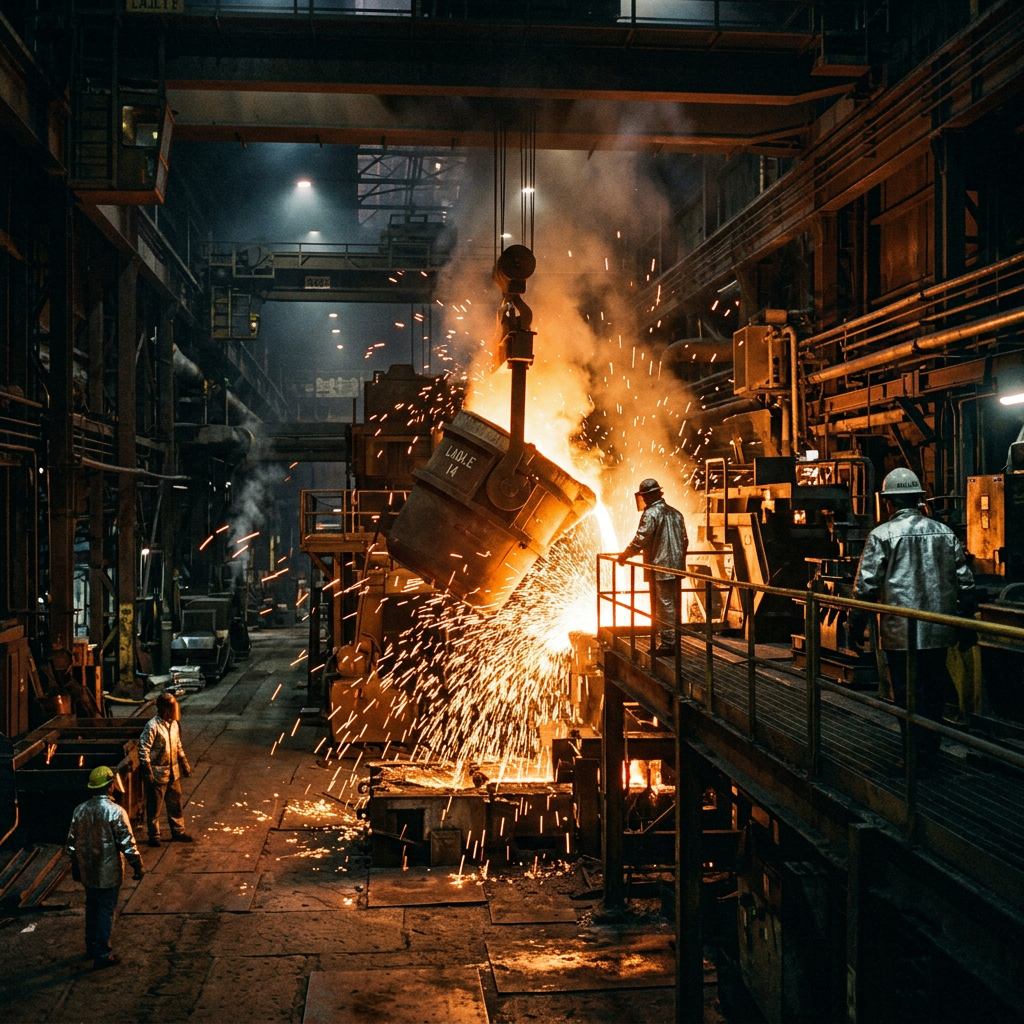Molten metal being poured from a large ladle in a steel foundry surrounded by workers in safety suits and helmets