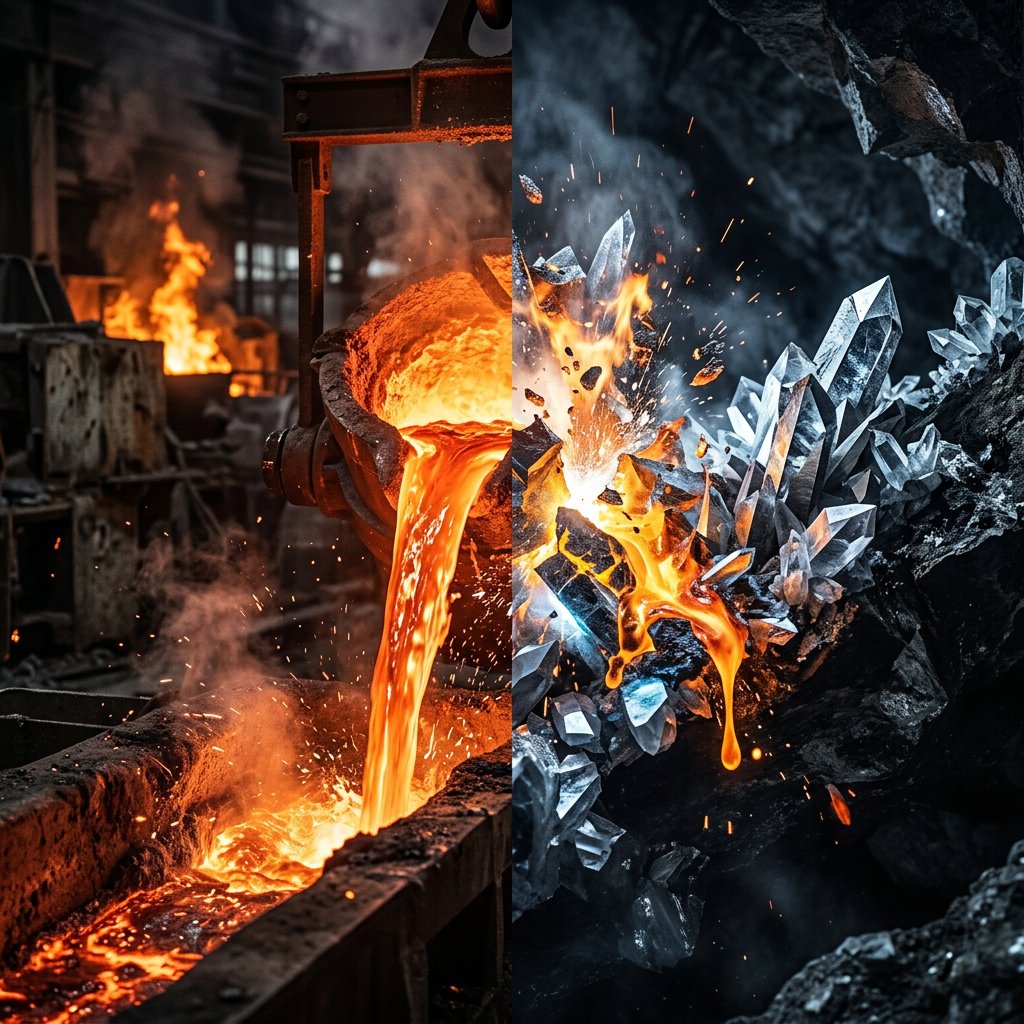 Left side pouring molten metal in foundry, right side lava flowing over crystals