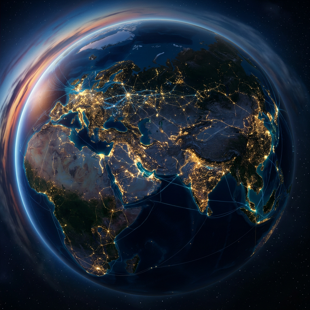 Earth at night showing city lights linked by digital network lines across Europe, Asia, and Africa