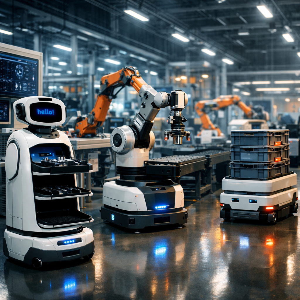 Robots with manipulators and storage trays operating in modern industrial factory