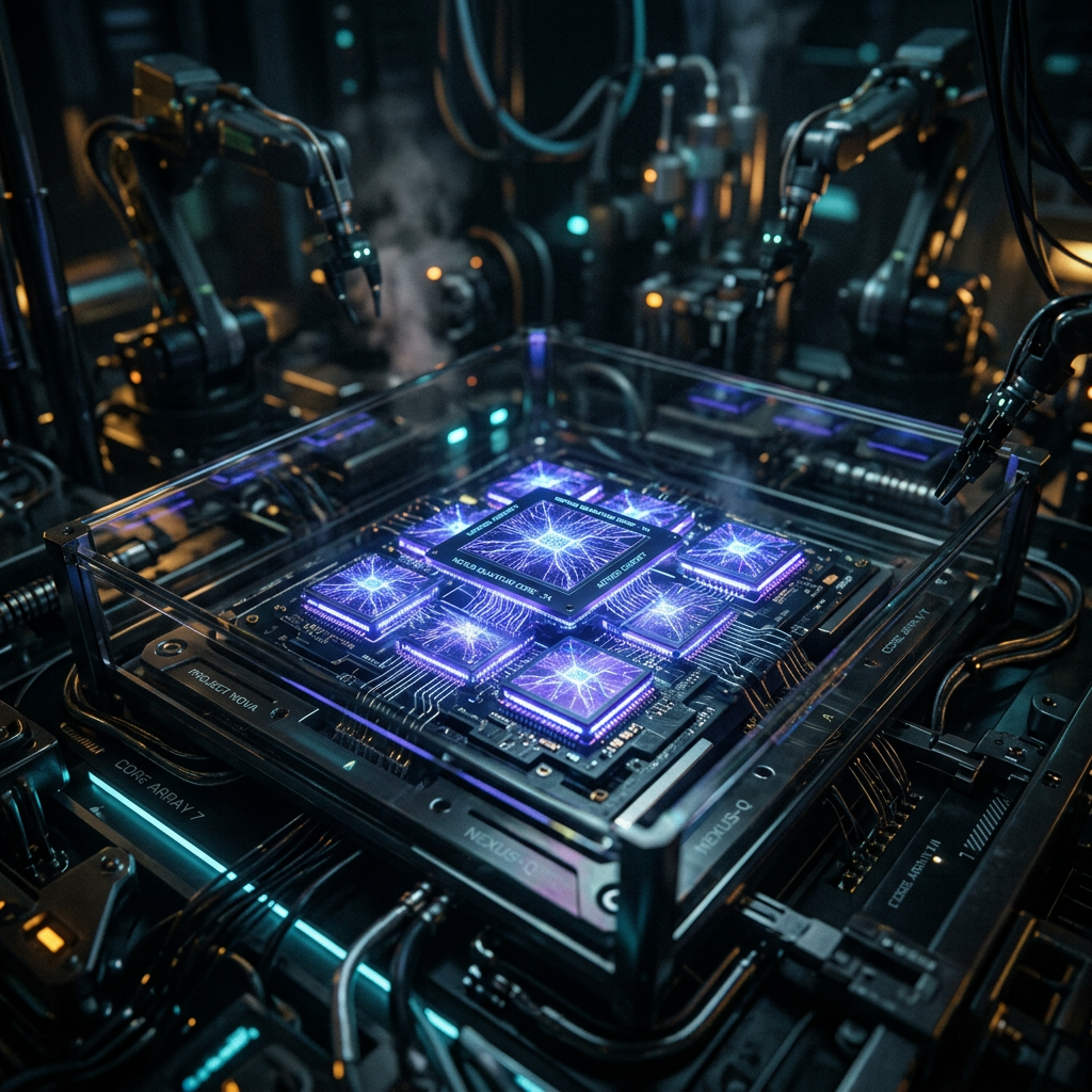 Quantum processor with glowing blue circuits surrounded by robotic arms in a lab environment