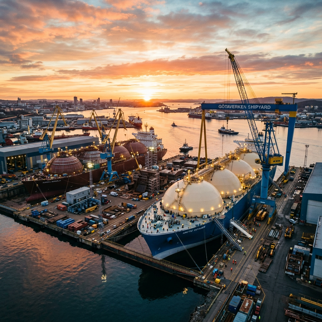 LNG carriers docked at Götaverken Shipyard with cranes and industrial equipment at sunset.