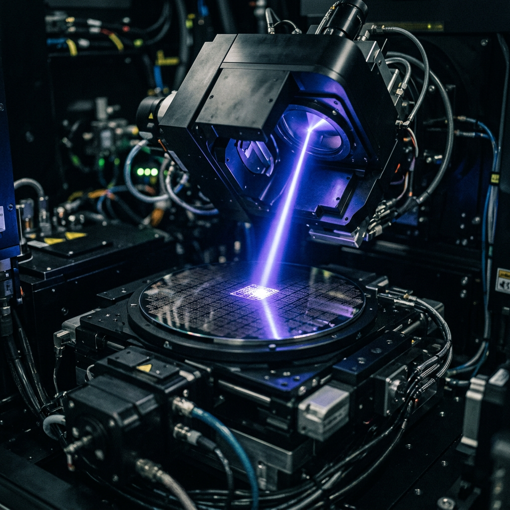 Laser machining a semiconductor wafer on a high-tech processing machine