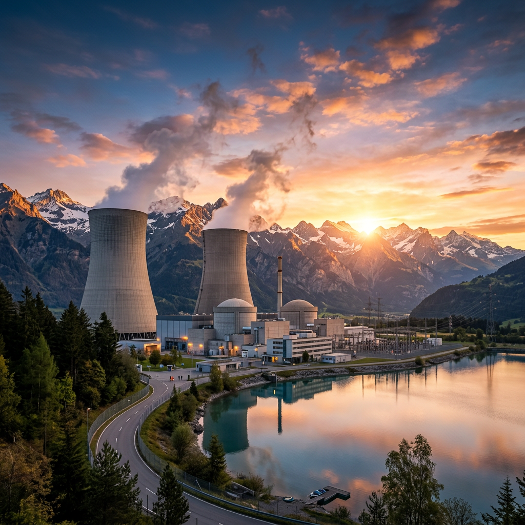 Nuclear power plant with cooling towers emitting steam, mountains and lake at sunset