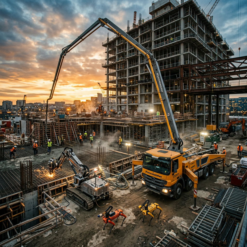 Construction site with workers, concrete pump truck, robotic equipment, and multi-story building under construction at sunset